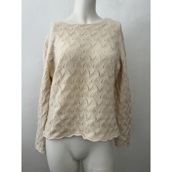 Vintage I Magnin Cashmere Wavy Scoop Neck Pattern Cream Pullover Sweater XL - Picture 1 of 5